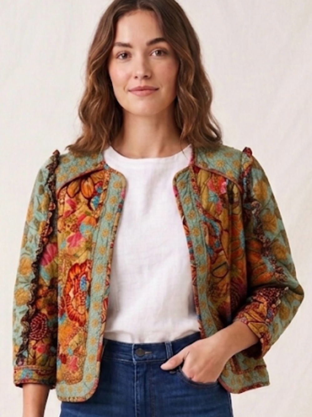 John Mark Women’s PS Floral Quilted Ruffle Jacket Cropped Boho(A615)